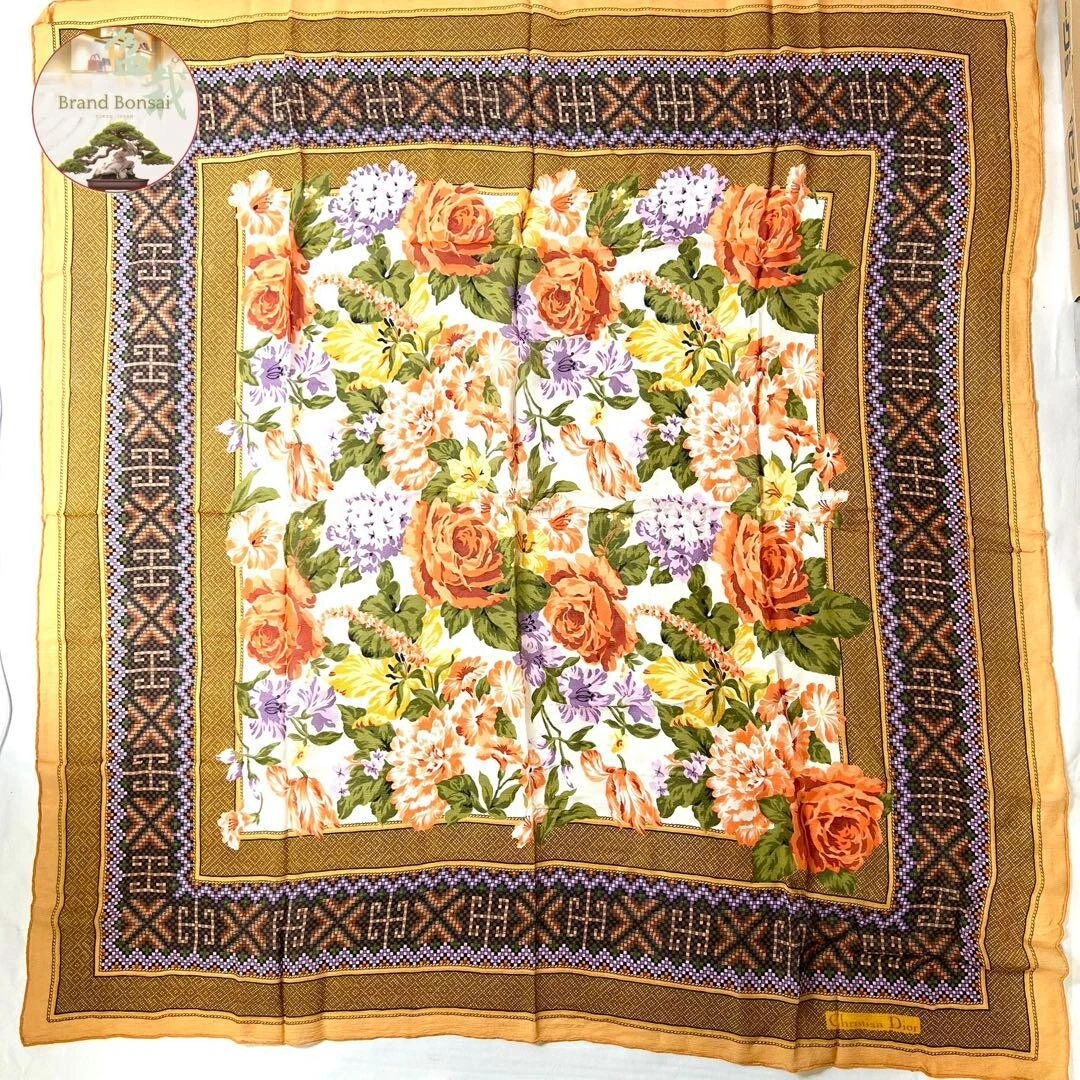 Grande écharpe Dior en soie 100 cm jaune à fleurs[authentique]A
