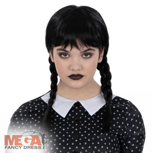 Kids Wednesday Gothic School Girl Halloween Fancy Dress Costume Accessory Wig UK