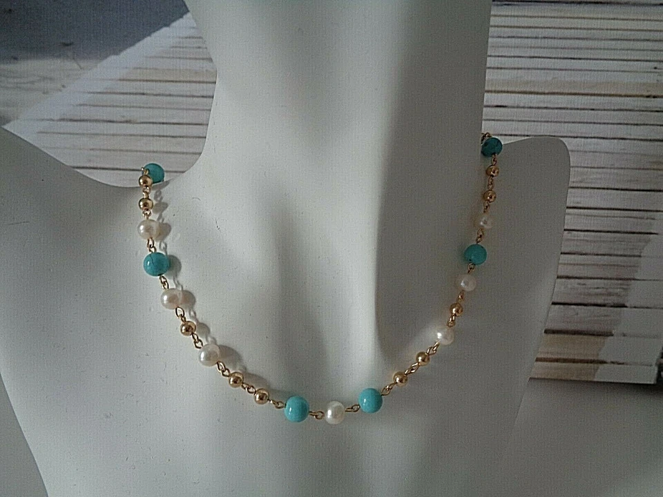 Halskette mit Perlen, Türkis, 585 Gold Filled - Bild 2 von 4