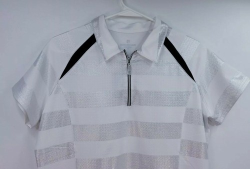 NEW BETTE & COURT Zip Short Sleeve Polo, Womens Sz M, White/Silver Stripe GJ3116 - Picture 3 of 12