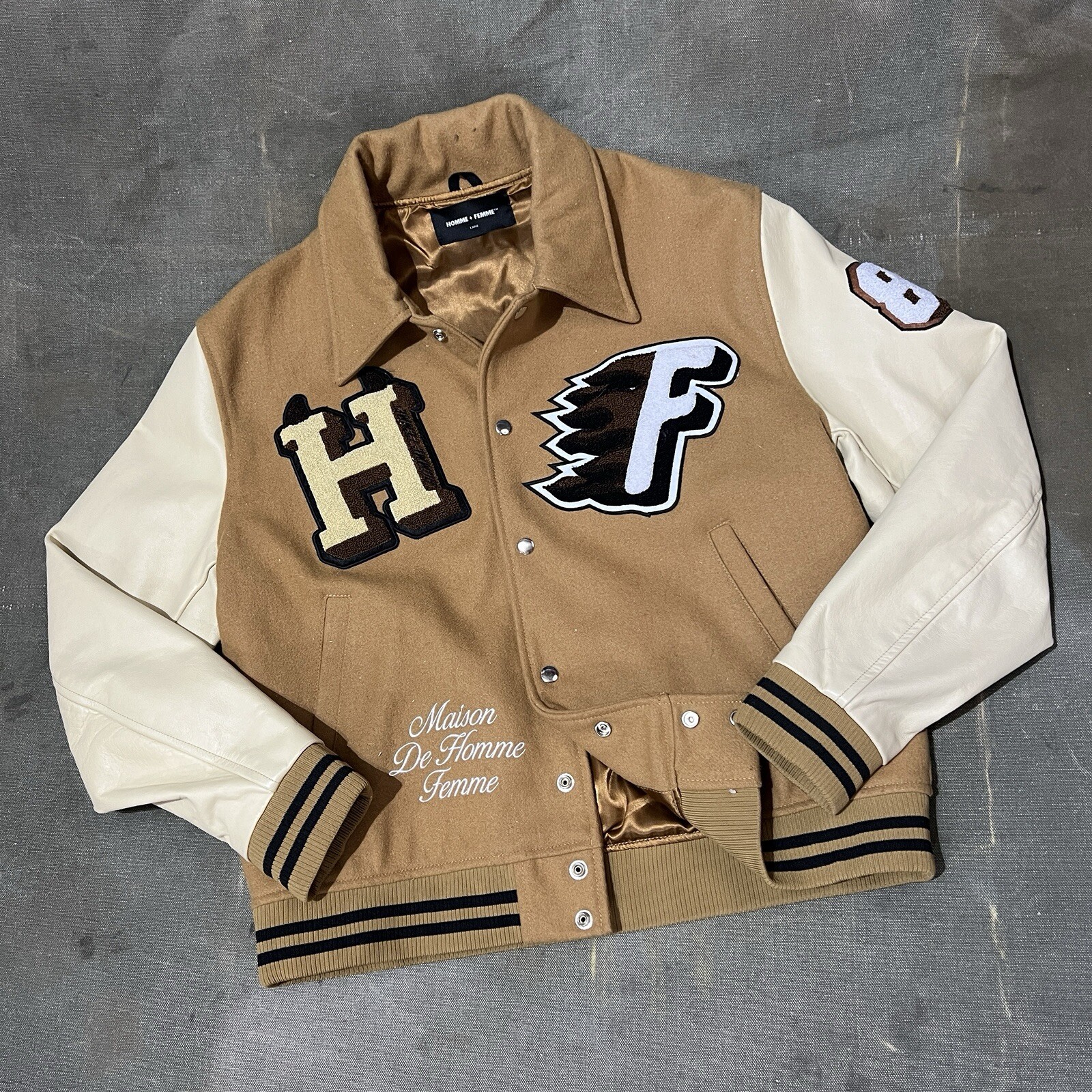 Homme Femme Letterman Varsity World Champs Patched $560 Streetwear Jacket Large