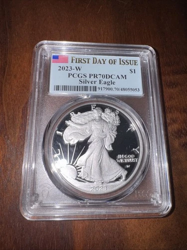 2023 W $1 Proof Silver Eagle PCGS PR70 DCAM First Day of Issue Flag Label
