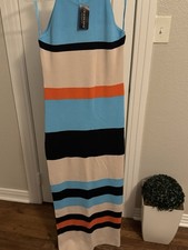 Fashion Nova Striped Maxi Dress Halter Sleeveless Pullover Aqua Beige Black XL