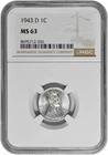 1943 S 1c Lincoln Steel Wheat Cent NGC Graded MS 63 with Label Error as a Denver