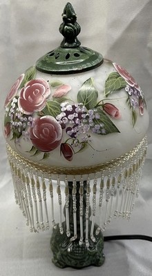 Vintage Small Rose Floral Hand Painted Beaded Fringe Table Lamp 13 