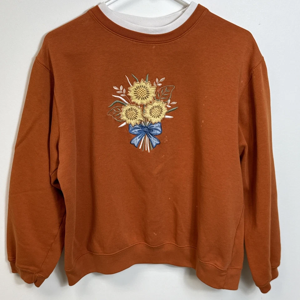 Sudadera Vintage Años 90 Elementos Clásicos Naranja Girasol Floral Ramo Talla L Foto 2 de 4