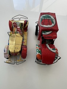 2 Red Found-Material Folk Art Sculptures: Vintage truck & Car