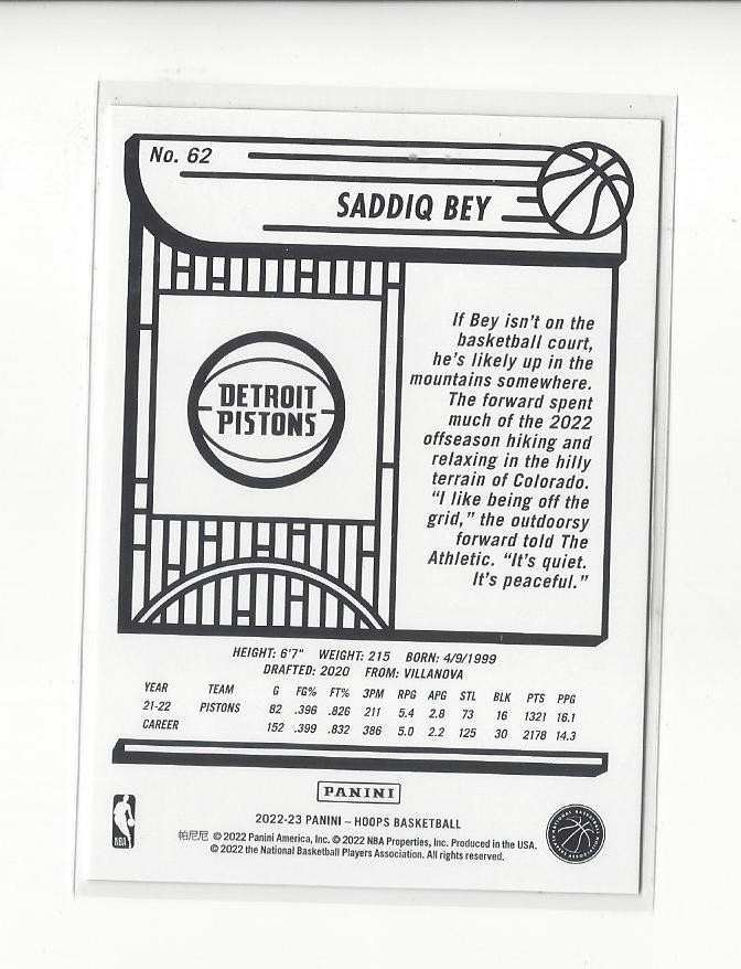 2022-23 Hoops Artist Proof #62 Saddiq Bey Pistons /25 