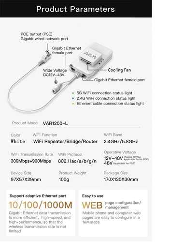 Gigabit Dual Band 2.4GHz/5GHz PoE WiFi Bridge Wireless Router Ethernet ...