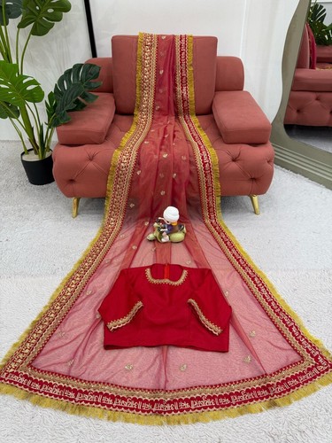 New Presenting Twil Net Red Saree With Benglori Silk Blouse For Women Wear - Picture 7 of 12