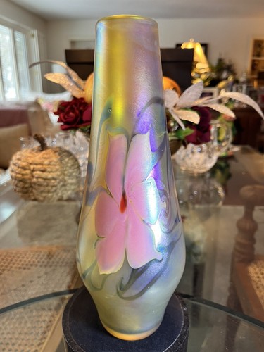 Vandermark 1979 10.5” Art Glass Vase Pink Anemone Flowers Favrile Aurene DM/SS - Picture 8 of 20