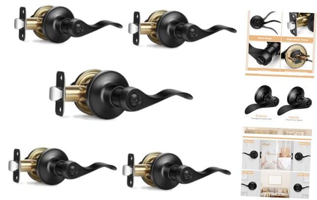 Privacy Door Handles Matte Black Door Handles, Wave 5 Pack Matte Black Finish-image