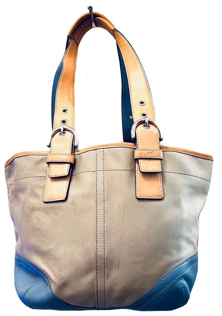 VINTAGE COACH SHOULDER TOTE BAG BLUE & BROWN LEATHER TRIM