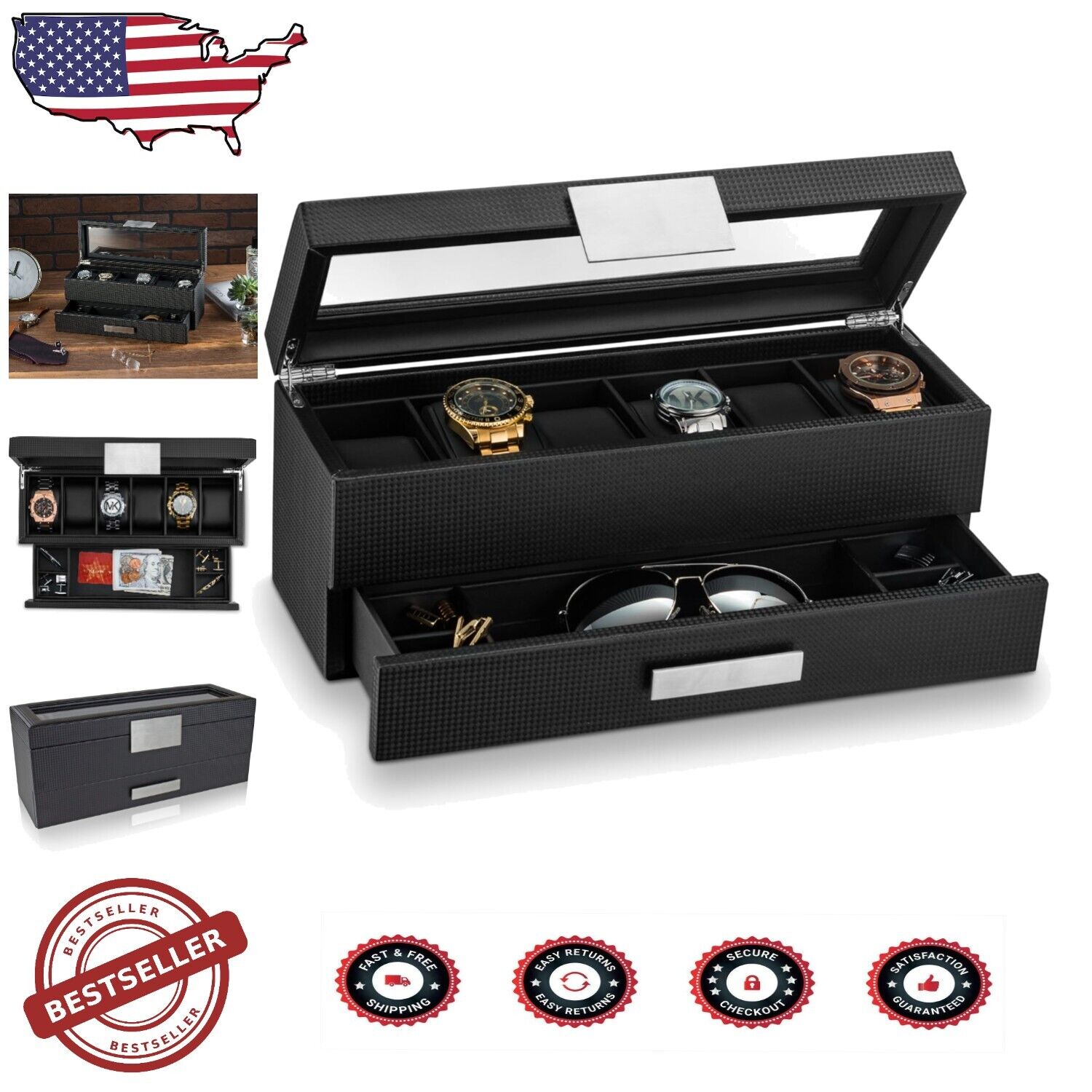 6-Slot Carbon Fiber Watch Box with Valet Drawer for Men's Watches & Accessories