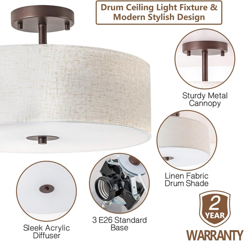 Semi Flush Mount Ceiling Light Fixture,16 Inch Drum Flush Mount Ceiling Light,Mo - Picture 3 of 7
