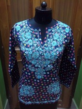 M 40" APPLE PRINT KURTA ETHNIC HANDMADE 100 COTTON TOP KURTI CHIKAN EMBROIDERY