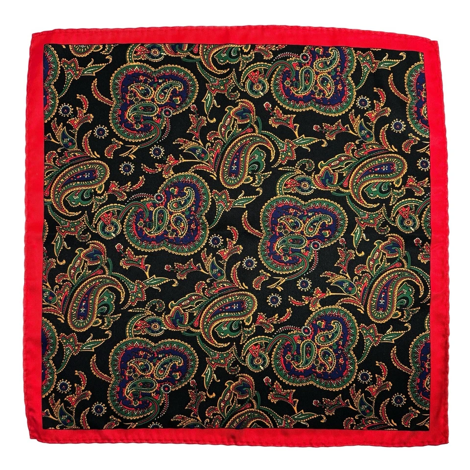 Cuadrado de bolsillo de cachemira negro y rojo similar a la seda (hecho a mano) Foto 3 de 4