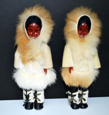 Eskimo Dolls Two Hard plastic sleepy eye Fur Trimmed leather shoes 8''