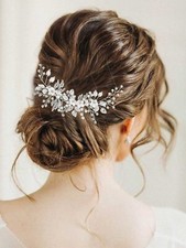 Flower Bridal Hair Vine Silver Crystal Pearl Bride Wedding Headpieces Leaf Ha...