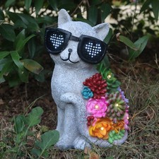 Solar Cat Garden Statues with LED Lights Succulent Decor for Outdoors