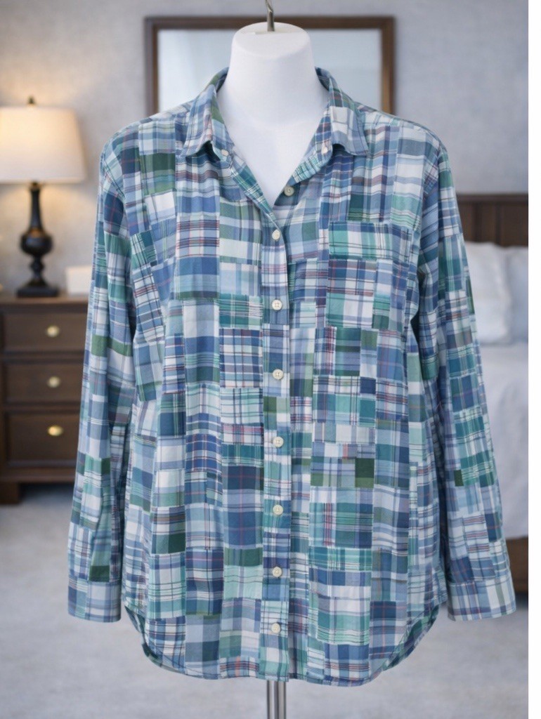 LL Bean Patchwork Plaid Button Front Top Shirt Bl… - image 1