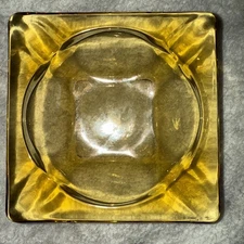 Vintage 4.5 In Square Emerald Amber Glass Ashtray Cigarette Cigar