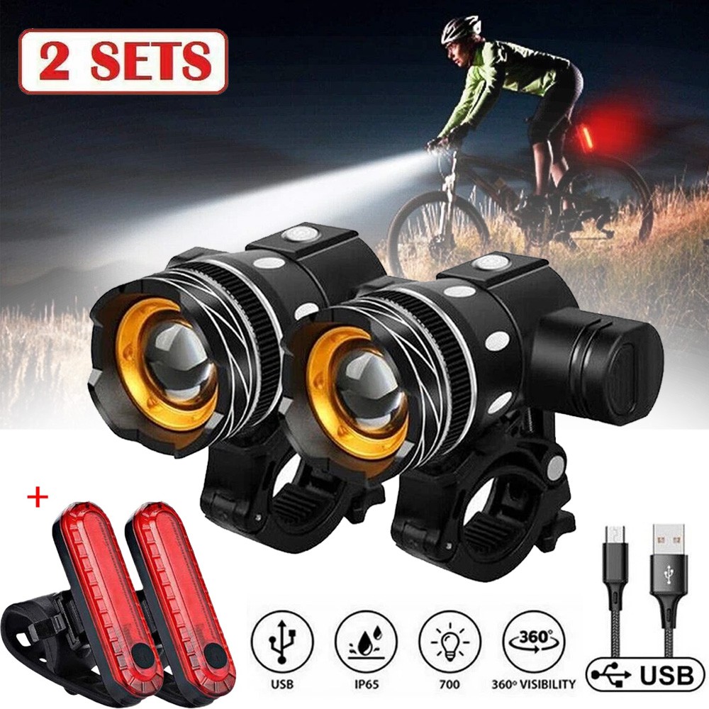 2 Sets USB Rechargeable LED Bicycle Headlight Bike Front Rea