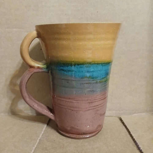 Studio Art Pottery Mug Tan Blue Maroon Glazed Signed 6" Tall Coffee Cup Hot Cold