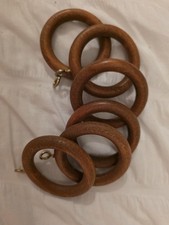 Vintage Walnut Wooden Curtain Rod Round Rings + Eye Hooks Pack 6 Fits 1.5" Rod