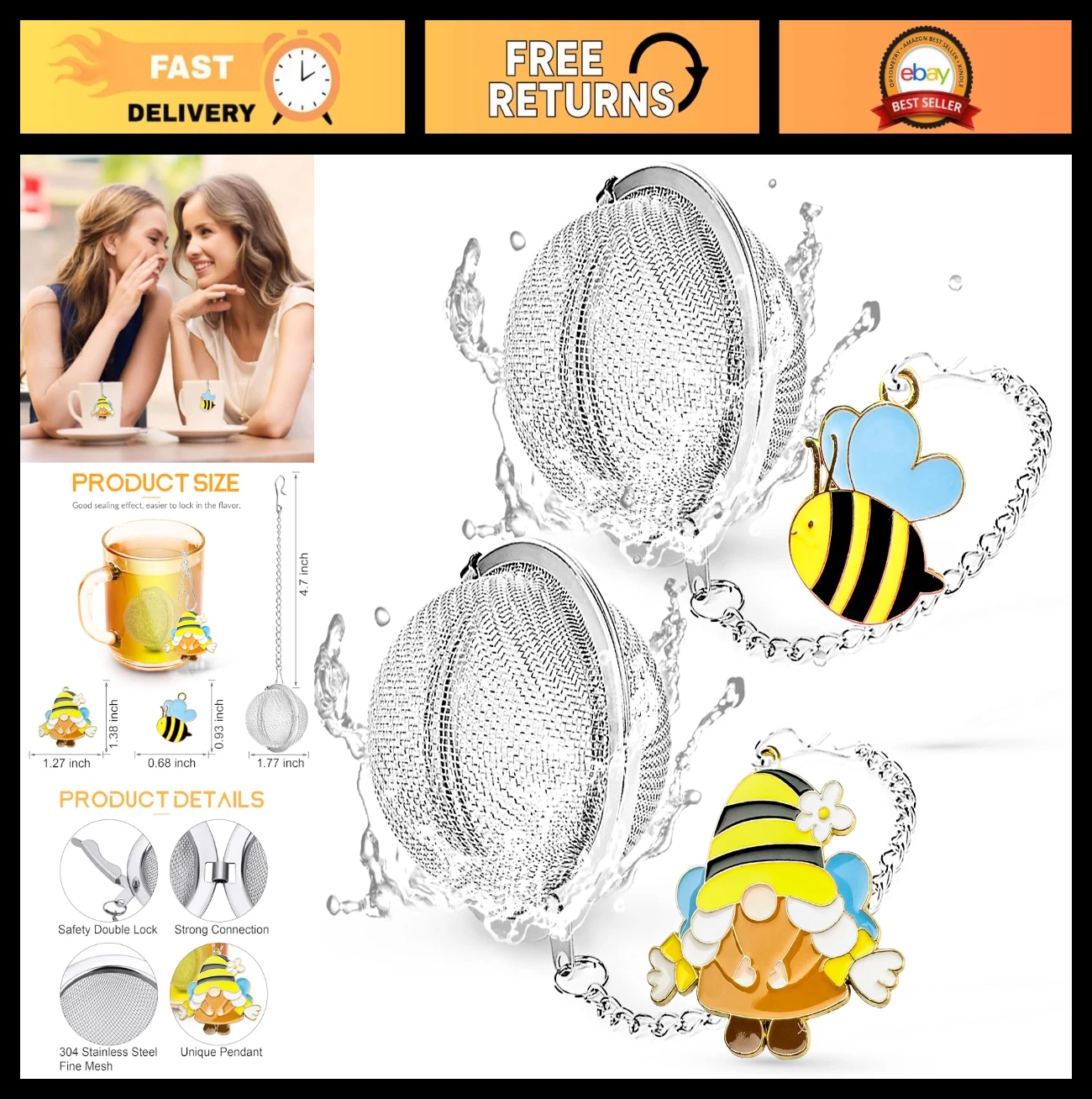 2 Pack Loose Leaf Tea Infuser with Gnome & Honey Bee Charms - Stainless Steel St