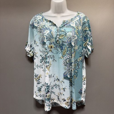 Croft &Barrow Multi Green Paisley 1/4 Button Knit V-Neck Top Tunic Plus Size 2X