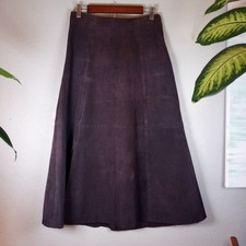 Vintage Suede Chocolate Brown Leather Boho A Line Maxi Skirt Front Side Slit 8