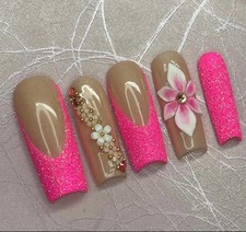 long square Press on nails rhinestones acrylic flowers pink glitter French tip