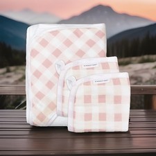 Honest Company Organic Cotton Hooded Towel  Washcloth Set Peach Buffalo Check