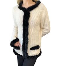 CHANEL Vintage 03A CC Logo Fur Trim Knit Cardigan 42 Cream Brown Mohair 901978