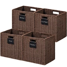 4 Pack Wicker Basket, 13×13 Storage Cubes with Label, Foldable Cube Storage B...