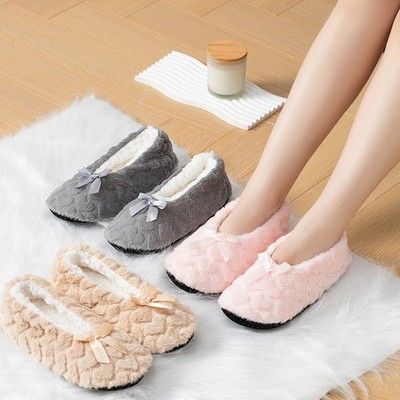 1 Pair of Womens Fleece Lined Warm Socks Cute Bow Sweet Anti-slip Floor Slippers