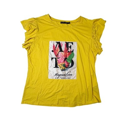 Ko Ko Ailis Yellow Ruffle Cap Sleeve Graphic Floral Patch T-Shirt Womens 2XL