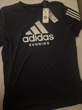 NWT Adidas Running cotton logo men s Size Medium Blue White Logo Mesh Tee