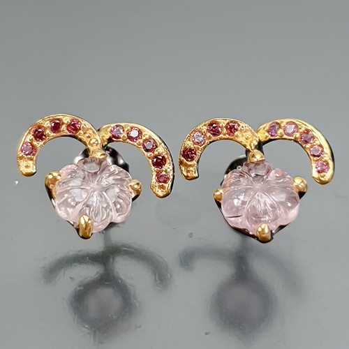 Flower carving Design Natural Tourmaline Earrings 925 Sterling Silver /E124529