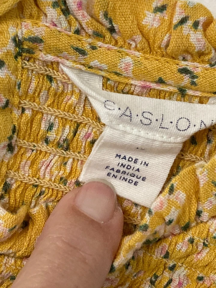Caslon Cotton Blend Button Back Shirred Peasant Top Size 10 Yellow Floral - Изображение 3 из 4