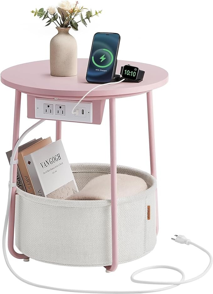 VASAGLE Side Table with Charging Station, Round End Table With Fabric Basket