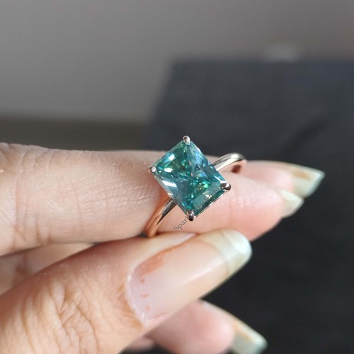 Blue Moissanite Engagement Ring Radiant Cut Solitaire Wedding Promise Ring Women - Picture 7 of 14