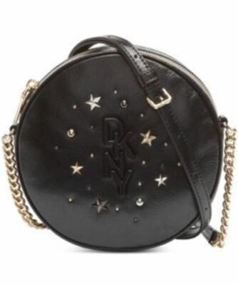DKNY Crossbody Round Canteen Krescent Black Leather Gold Silver Star Studs NWT
