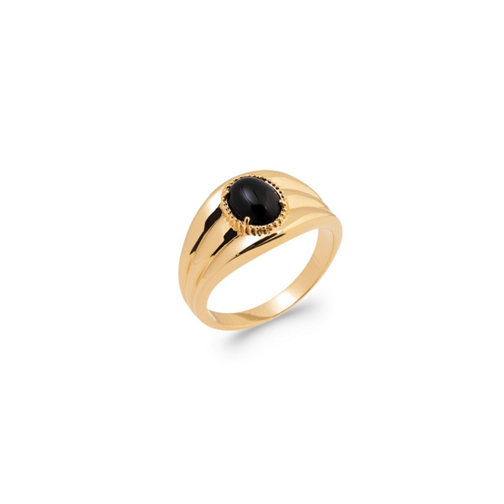 Bague agate noire véritable ovale plaqué or 18 carats femme moderne