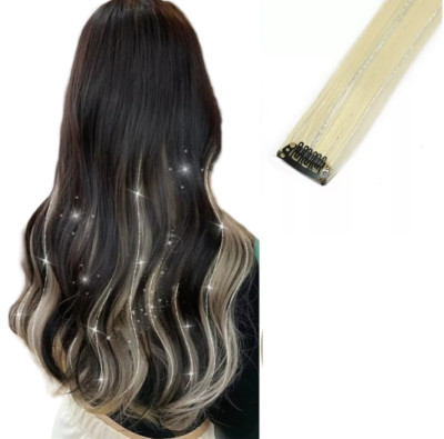 2 x Clip In Langhaar Extensions Highlights Lockig Glitzer Glitzer Haarsträhnen