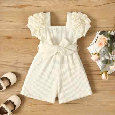 New Kids Summer Small Square Neck Puff Sleeve Belt Jumpsuit for Baby Girls
