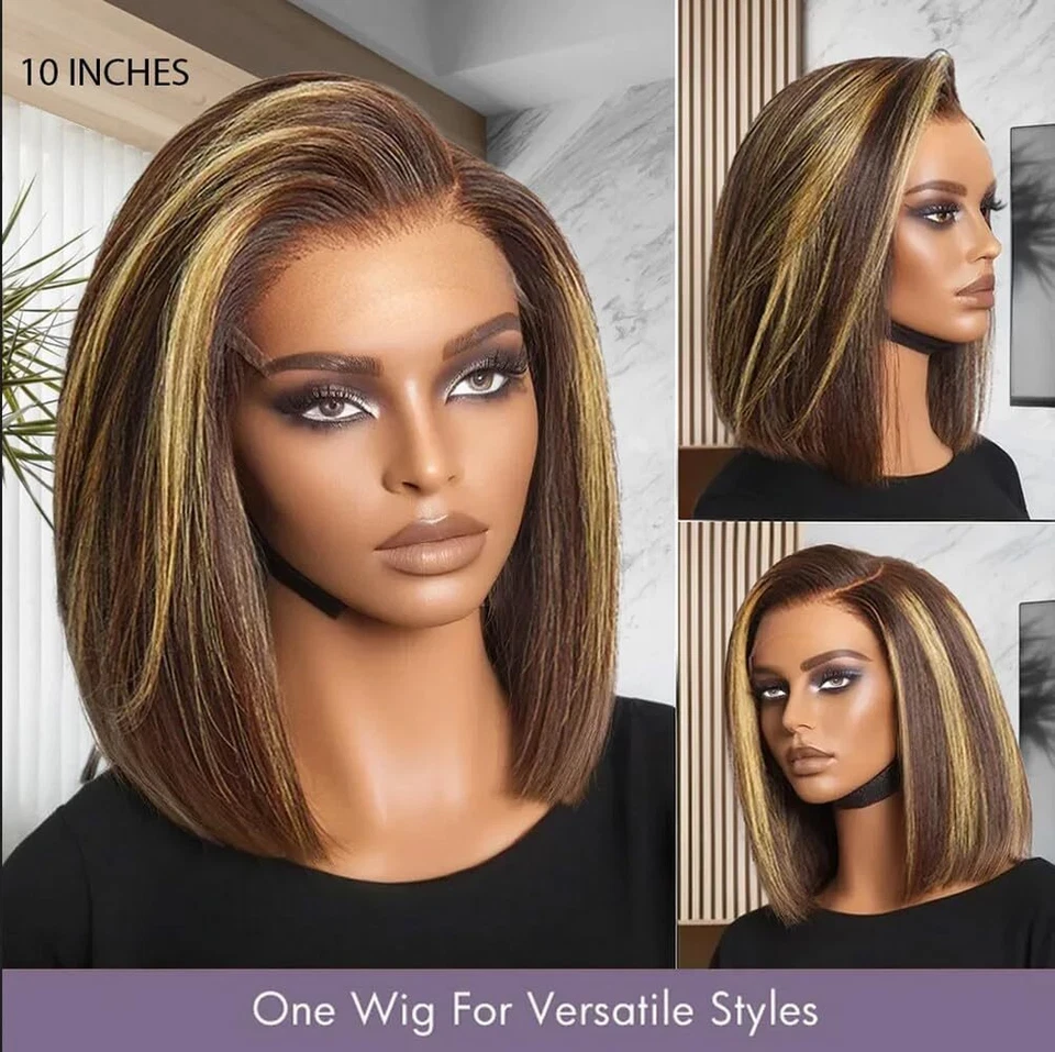 Peluca frontal de encaje rubia miel destacada cabello humano ombre 4/27 encaje frontal bob peluca Foto 3 de 4