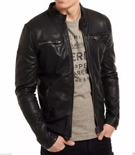 Men's Genuine Lambskin Leather Jacket Biker Motorcycle Black Slim Fit Jacket