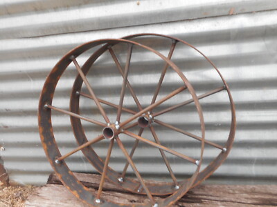 2) 24''  steel ornamental Iron Garden Wagon Wheel western rustic art cannon cart